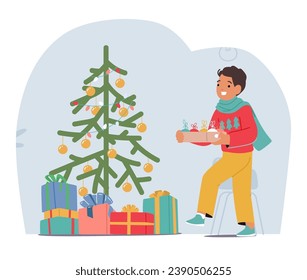 Joyful Child Boy Character Decorates The Christmas Tree, Adorning It With Colorful Ornaments, Sparkling Lights, And A Big Smile, Bringing Holiday Cheer To The Room. Cartoon People Vector Illustration