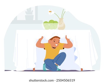 Niño Alegre Personaje De Niño Escondido Bajo Una Mesa Mientras Juega Al Escondite. El Niño Que Lleva Camisa Amarilla Y Pantalones Azules Se Ve En El Interior En Un Ambiente Brillante Y Feliz. Ilustración vectorial de dibujos animados