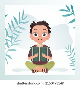 A joyful child boy sits in a lotus position and holds a gift box with a bow in his hands. Holidays theme. Vector illustration in cartoon style.