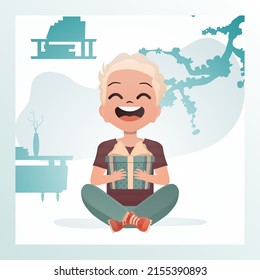 Joyful child boy sits in a lotus position and holds a box with a bow in his hands. Birthday, new year or holidays theme. Vector illustration in cartoon style.
