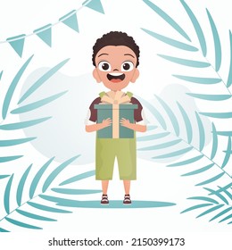 Joyful child boy stands and holds a box with a bow in his hands. Birthday, new year or holidays theme. Cartoon style. Vector illustration.
