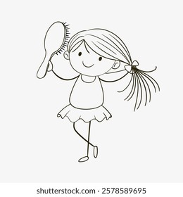 A joyful child brushing her long hair