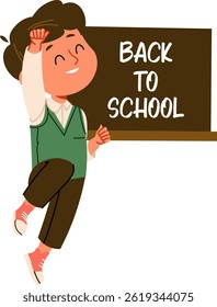 A joyful child celebrates the start of school year with a chalkboard. This cheerful illustration is perfect for educational projects and back-to-school themes. Cartoon Vector Illustration.