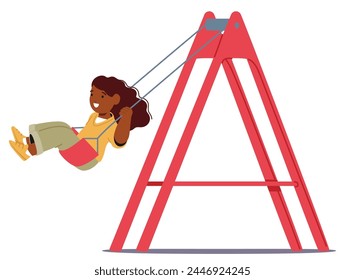 Joyful Child Character Swings Back And Forth On A Playground Swing, Laughter Mingling With The Creak Of Chains, Soaring Towards The Sky With Feet Kicking High. Cartoon People Vector Illustration