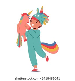 Joyful Child Character Wears A Unicorn Kigurumi Pajama, Immersed In Cozy Comfort And Whimsical Fantasy, Transforming Bedtime Into A Magical Adventure. Cartoon People Vector Illustration