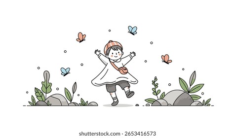 A joyful child dances among delicate butterflies surrounded by nature's soft beauty and gentle breezes creating moments of pure bliss