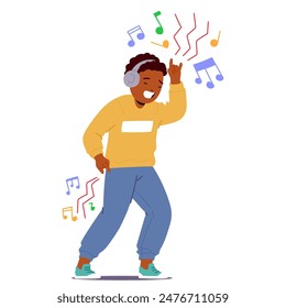 Joyful Child Dancing And Listening To Music With Headphones On. Kid Expressing Happiness And Enjoying The Rhythm. Colorful Music Notes Surround The Scene. Character Cartoon People Vector Illustration