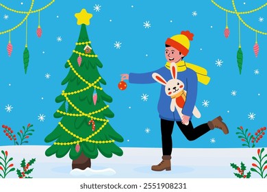 Joyful child decorating Christmas tree with ornaments and holding a stuffed bunny