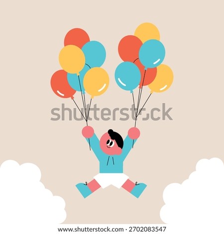 Joyful child floating high with colorful balloons