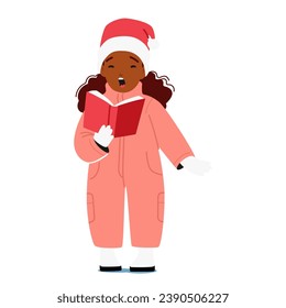 Joyful Child Girl Character, Wrapped In A Warm Overalls and Santa Hat, Sings Heartwarming Christmas Carols With A Beaming Smile, Spreading Holiday Cheer To All. Cartoon People Vector Illustration