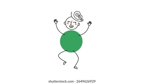 Uma criança alegre com uma barriga verde circular e cabelo encaracolado está pulando para cima e para baixo com emoção e felicidade