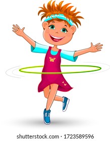 Joyful child with a gymnastic hoop. Smiling girl is doing exercises with a hoop.