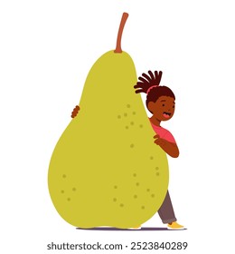 Joyful Child Holding A Giant Pear With A Playful Expression. Cartoon Vector Scene Captures A Sense Of Wonder, Imagination, And Fun. Perfect For Concepts Of Childhood Curiosity, Healthy Food And Whimsy