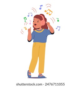 Joyful Child Listening To Music With Headphones. Little Girl Character Is Dancing, Singing And Enjoying The Music, Showcasing Happiness And Enthusiasm. Cartoon People Vector Illustration