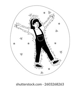 Joyful child making grass angels in a sunny meadow surrounded by flowers and greenery