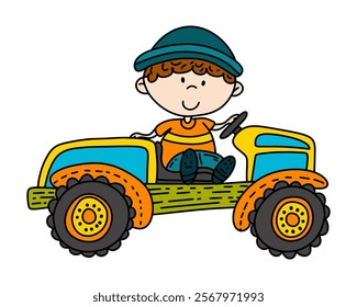 Joyful Child on a Colorful Tractor for a Whimsical and Heartwarming Rural Adventure Theme Vector illustration