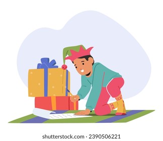 Joyful Child, Pen In Hand, Writes A Heartfelt Letter To Santa Claus, Brimming With Wishes And Hope, Little Boy Character With A Twinkle Eyes Waiting for the Holiday. Cartoon People Vector Illustration