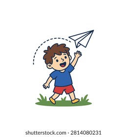 Joyful child playing with paper plane