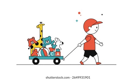 Joyful child pulling wagon filled with delightful stuffed animals and toys outdoors
