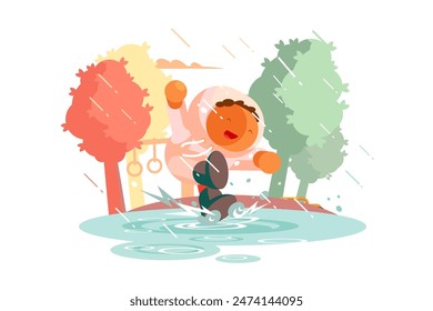 Joyful Child Rain Play, vector illustration of outdoor fun