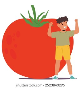 Criança Alegre Levanta Braços Em Triunfo Ao Lado De Um Enorme Tomate Vermelho. Ilustração De Vetor De Desenho Animado Transmite Uma Sensação De Diversão, Comida Saudável E Imaginação, Destacando A Excitação Infantil E Brincalhão