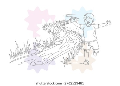 Joyful Child Running Alongside a Winding Stream in a Continuous Line Drawing, Hand-Drawn Style, Perfect for Children's Illustrations and Storytelling