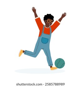 Joyful child running and playing with a ball in a cheerful illustration