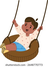 Uma criança alegre balança em um pneu com uma expressão divertida em um estilo de desenho animado. A criança segura em cordas, desfrutando o passeio com entusiasmo. Ilustração de vetor de desenhos animados.