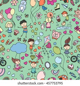 Joyful childhood. Vector illustration of happy children playing. Children draw, blow bubbles, ride on a swing, jump rope. Seamless texture. Packing for a gift, banner, card
