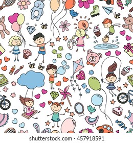Joyful childhood. Vector illustration of happy children playing. Children draw, blow bubbles, ride on a swing, jump rope. Seamless texture. Packing for a gift, banner, card