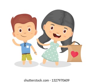 Joyful children after shopping in the store