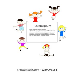 Joyful children are bouncing on white background, white board with Lorem Ipsum, flat modern bright background design element, object isolated for web, for print