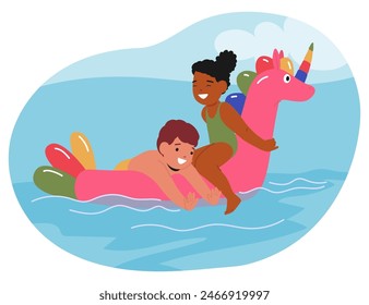 joyful children boy and girl float on colorful inflatable ring in pool. Kids smiling and ride a pink unicorn ring, enhancing playful vibe, exemplify summer fun, friendship, playful aquatic activities