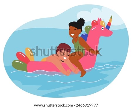 joyful children boy and girl float on colorful inflatable ring in pool. Kids smiling and ride a pink unicorn ring, enhancing playful vibe, exemplify summer fun, friendship, playful aquatic activities