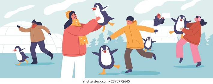 Joyful Children Boys and Girls Characters Play Alongside Penguins In The Snowy Wonderland Near A Cozy Igloo