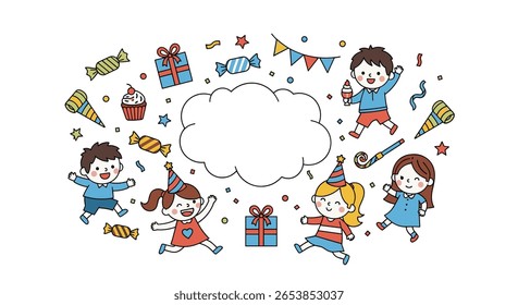 Joyful children celebrating a festive birthday party surrounded by gifts balloons and sweets in a whimsical illustration