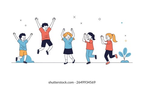 Joyful children celebrating together with uplifted arms in a vibrant outdoor setting with scattered confetti and small plants