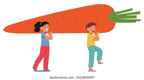 Joyful Children Character Carry A Giant Carrot Together Showcasing Teamwork And Fun Perfect For Concepts Of Imagination, Health, And Fun Activities for Kids. Colorful Cartoon Vector Illustration