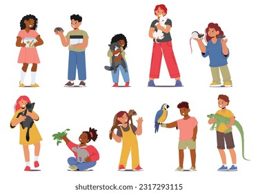 Joyful Children Characters Bonding With Their Beloved Pets Experiencing The Unconditional Love And Companionship. A Heartwarming Connection Between Kids And Animals. Cartoon People Vector Illustration