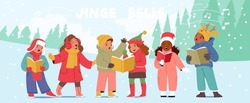 Joyful Children Characters, Bundled In Winter Coats, Sing Christmas Carols With Bright Smiles, Spreading Holiday Cheer And Warmth Through Their Festive Tunes. Cartoon People Vector Illustration