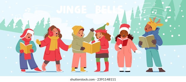 Freuen Sie sich auf fröhliche Kinder, die in Wintermänteln gebacken werden, Weihnachtslieder mit hellem Lächeln singen, Feiertagsjubiläum und Wärme durch ihre festlichen Tunes verbreiten. Vektorgrafik von Cartoon People