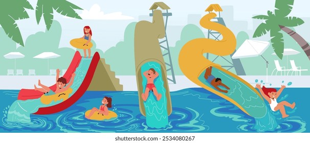 Personagens De Crianças Alegres Splash E Jogar Em Slides De Água Em Ambientes De Parque Aquático Vibrante Com Palmeiras Tropicais. Crianças Se Divertindo Em Slides No Parque Aquático Colorido. Ilustração do vetor de pessoas do desenho animado