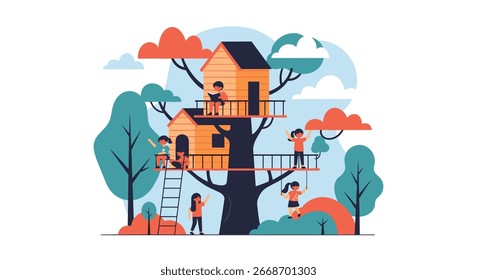 Joyful children creating memories and exploring in a vibrant, multi-level treehouse adventure.