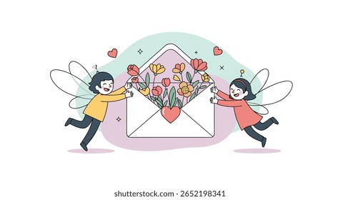 Crianças alegres entregando um belo arranjo de flores de um envelope