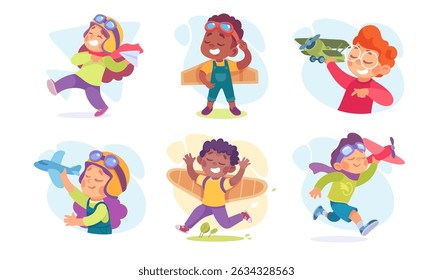 Joyful children energetically pretending to fly high in the sky with colorful airplanes and toys