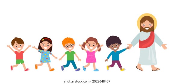 joyful children follow Jesus Christ. the concept of Sunday school and religious education. vector illustration isolated on white background