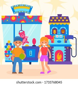Joyful children game with children s automatic gadgets, arcade play with win winner, design, cartoon style vector illustration. Cheerful boy received prize, happy lucky girl won pink teddy bear fair.