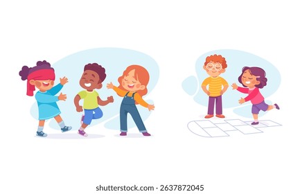 Joyful Children Gleefully Playing Together in Vibrant and Colorful Outfits Outside
