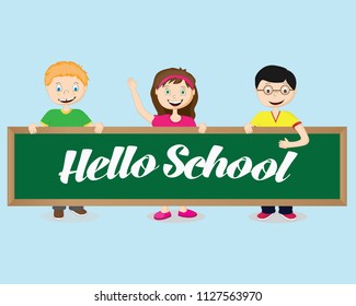 Joyful children hold a school board and it says hello school