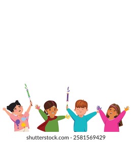 Joyful children playing Holi, throwing vibrant colored powder in the air, celebrating the Hindu festival of colors with excitement and laughter. Vector illustration of diverse kids enjoying the festiv